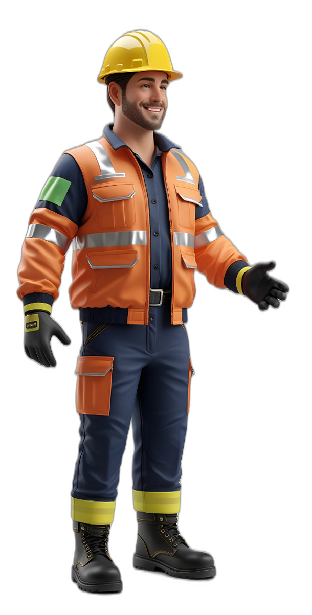 J-pro-introducing-flip Smiling male construction worker wearing an orange safety jacket, navy-blue uniform, yellow hard hat, black gloves, and safety boots, representing Junk & Demolition Pros LLC.