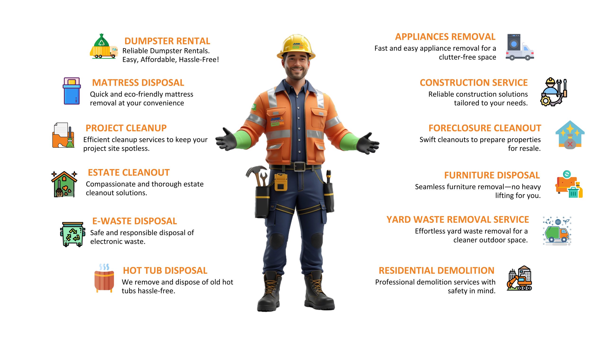 Service-Banner-for-Junkpros-Website-(1) Junk & Demolition Pros LLC service list infographic featuring J Pro mascot and icons for dumpster rental, appliance removal, project cleanup, estate cleanout, e-waste disposal, hot tub disposal, construction service, foreclosure cleanout, furniture disposal, yard waste removal, and residential demolition.