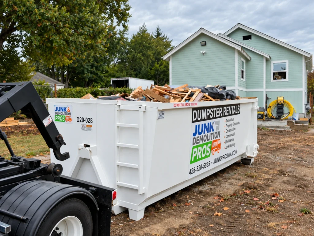 Dumpster In a driveway.