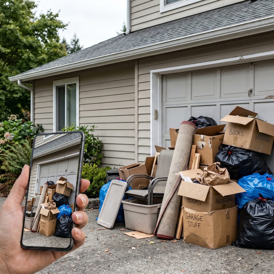 a person taking a picture Picture of a pile of junk in front of a garage.
