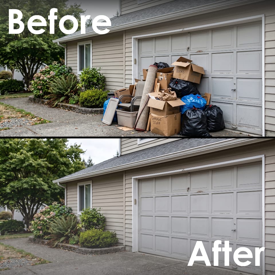 a split image of before and after a pile oj junk is removed from in front of a garage.