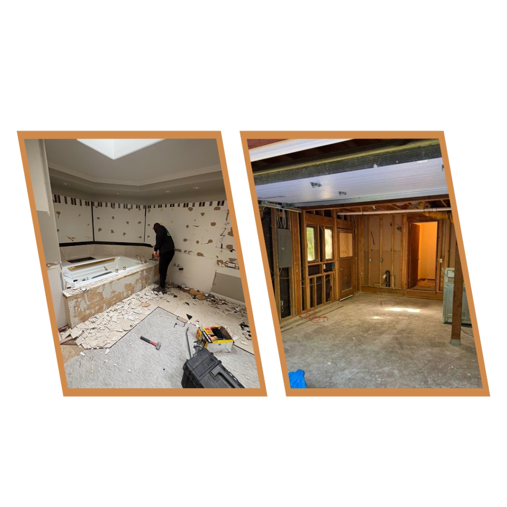 Junk & Demolition Pros truck at a job site and interior demolition debris ready for haul-away