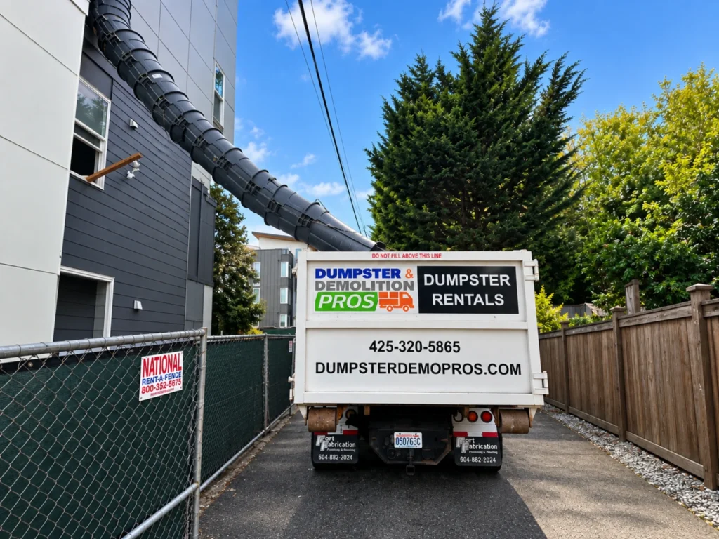 Roll-off dumpster placed on protective sheeting and boards at a job site
