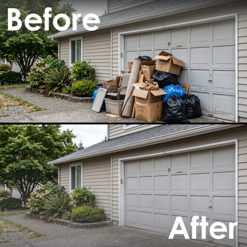 a split image of before and after a pile oj junk is removed from in front of a garage.