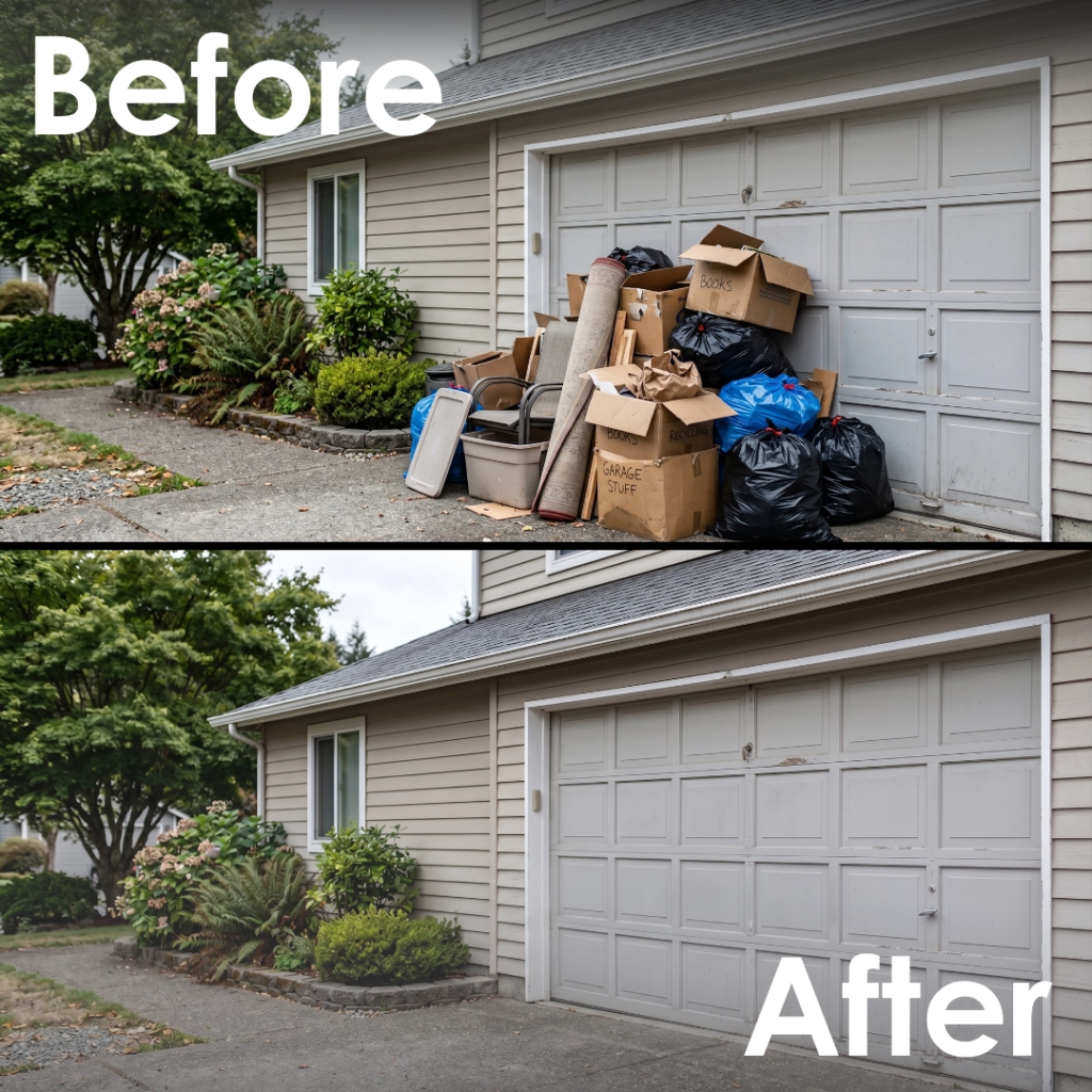 a split image of before and after a pile oj junk is removed from in front of a garage.