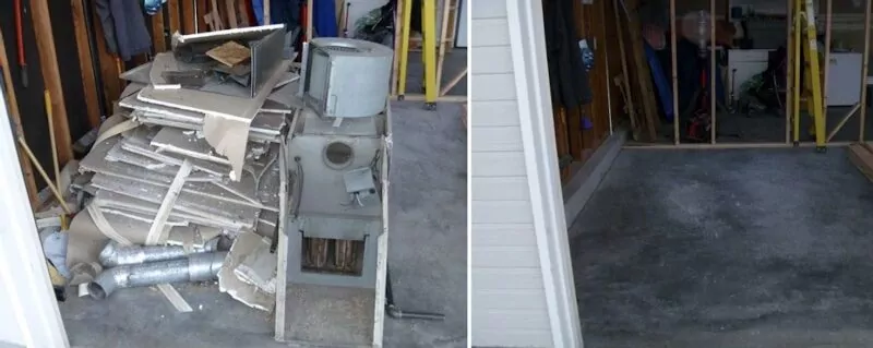 Garage before and after a cleanout, with the old furnace and drywall debris hauled away
