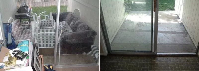 Patio before and after furniture removal, with the old sofa and clutter cleared