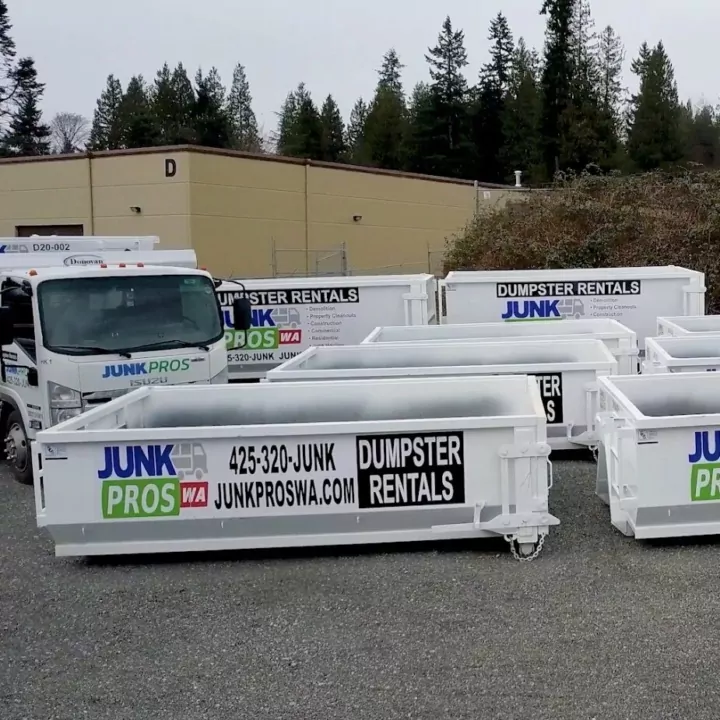 Junk & Demolition Pros roll-off dumpsters lined up in the yard